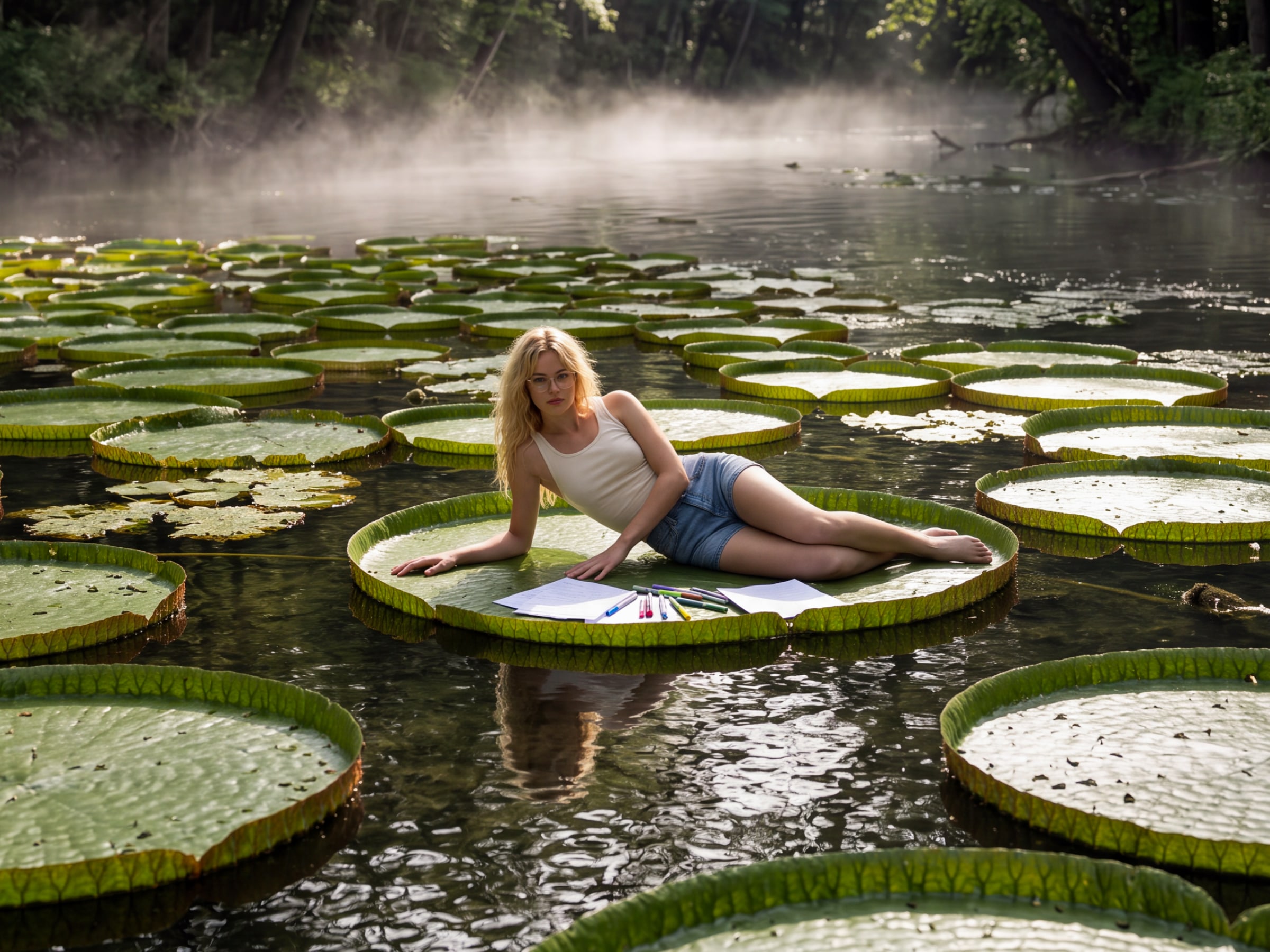 Wide shot. The subject small in the frame with the whole pond and its far edge visible.