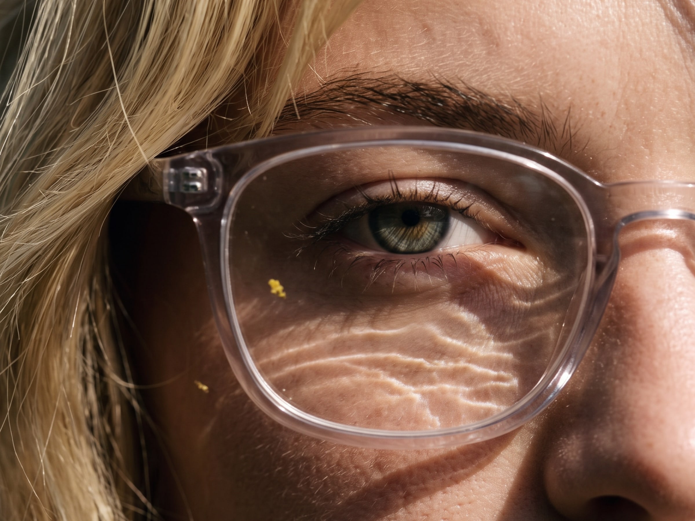 Close-up. One eye and the lens of her glasses filling the frame, everything else out of focus.