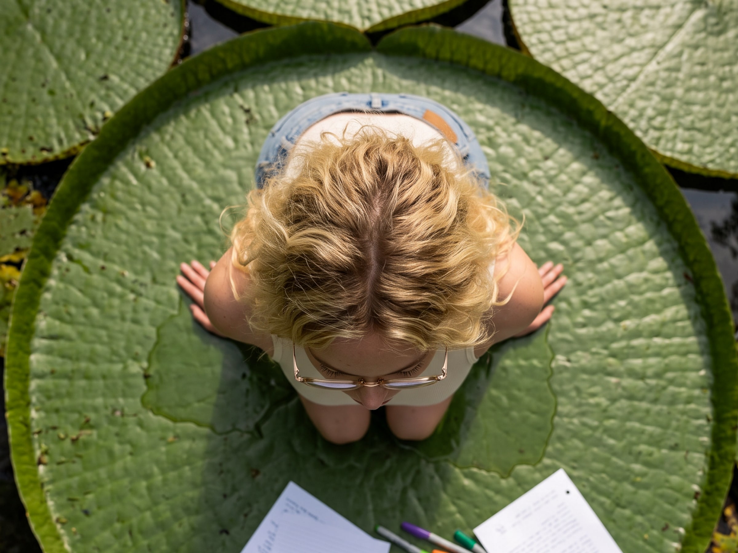 Bird's eye view. The camera directly overhead, lily pads filling the frame.