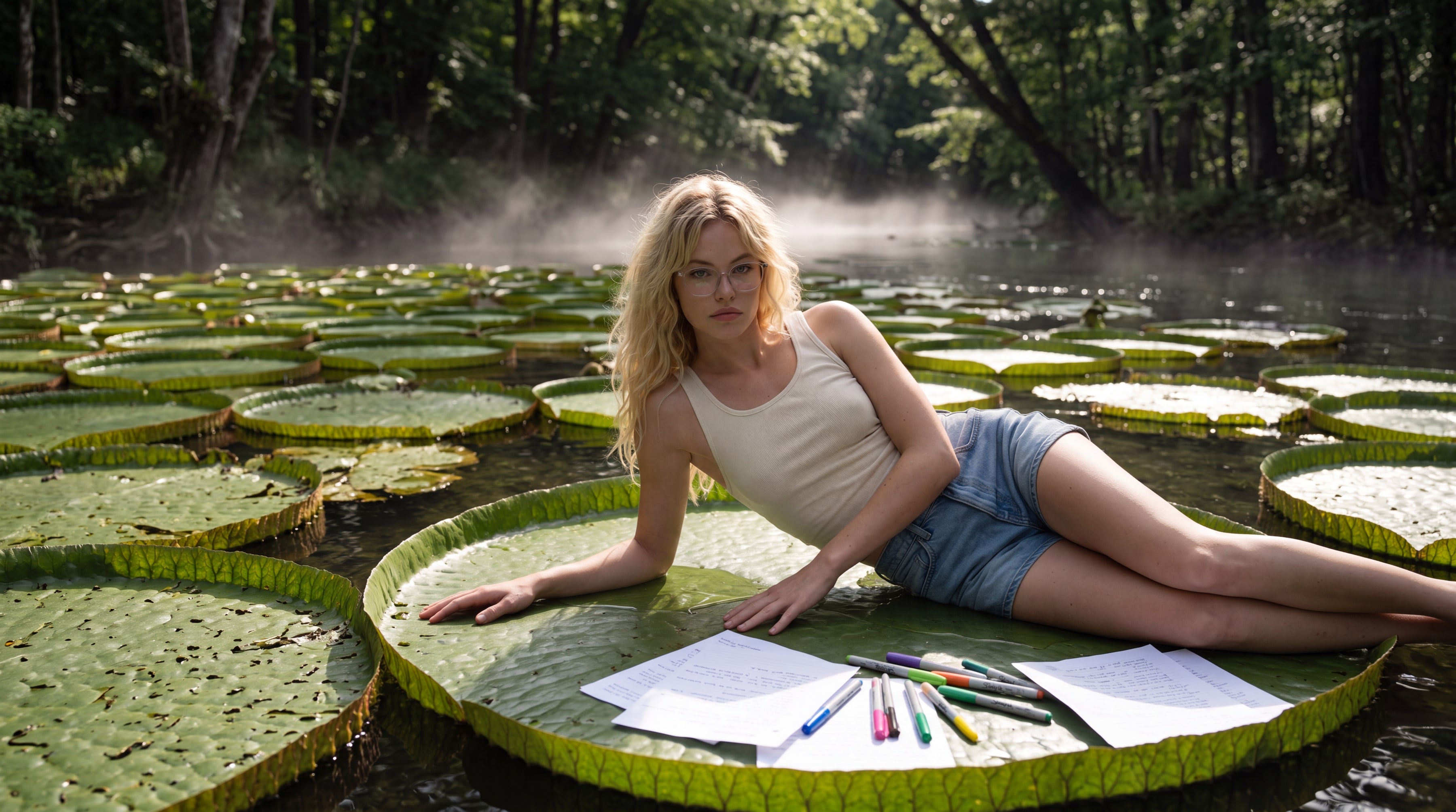 The subject lying across a giant lily pad in a misty pond, handwritten pages and pens spread out beside her.